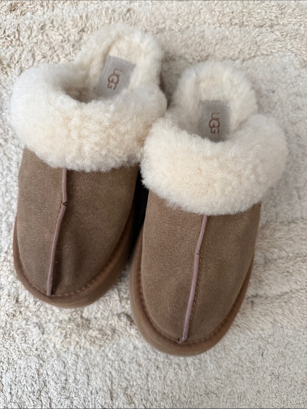 UGG Chestnut Suede Shearling Slide Slippers with Cream Cuff